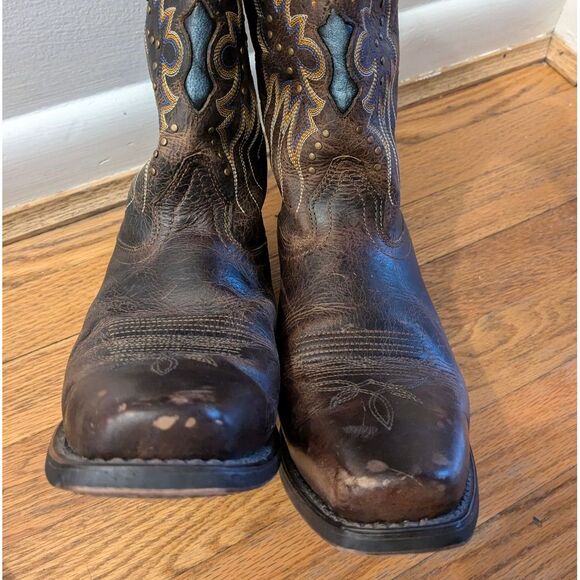 Loredo Western Brown Leather Cowboy Boots with Embroidered Design Square Toe - Picture 8 of 12